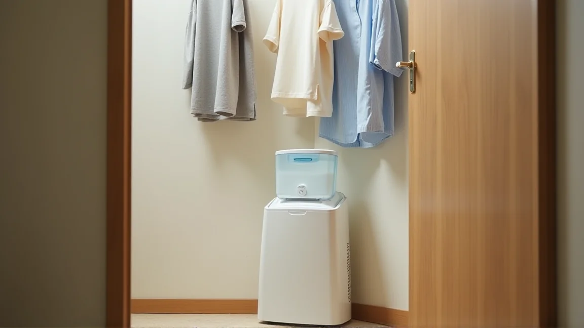 脱衣所に干した洗濯物の下に置かれた除湿機