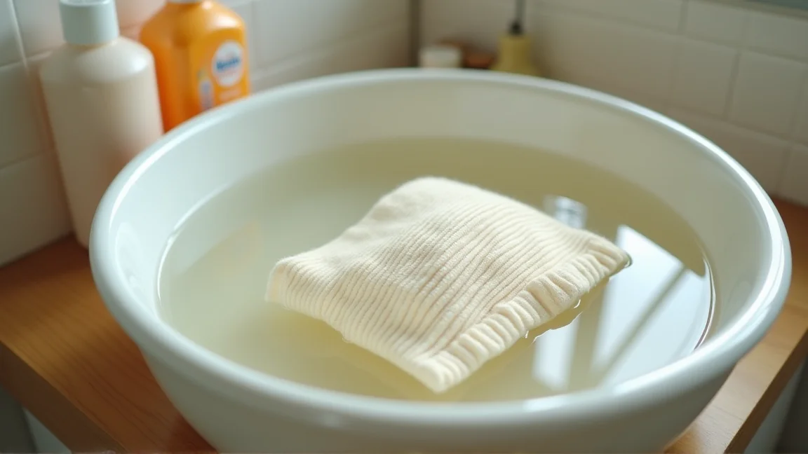 洗面器のぬるま湯に洗剤を溶かして衣類をつけ置きする様子