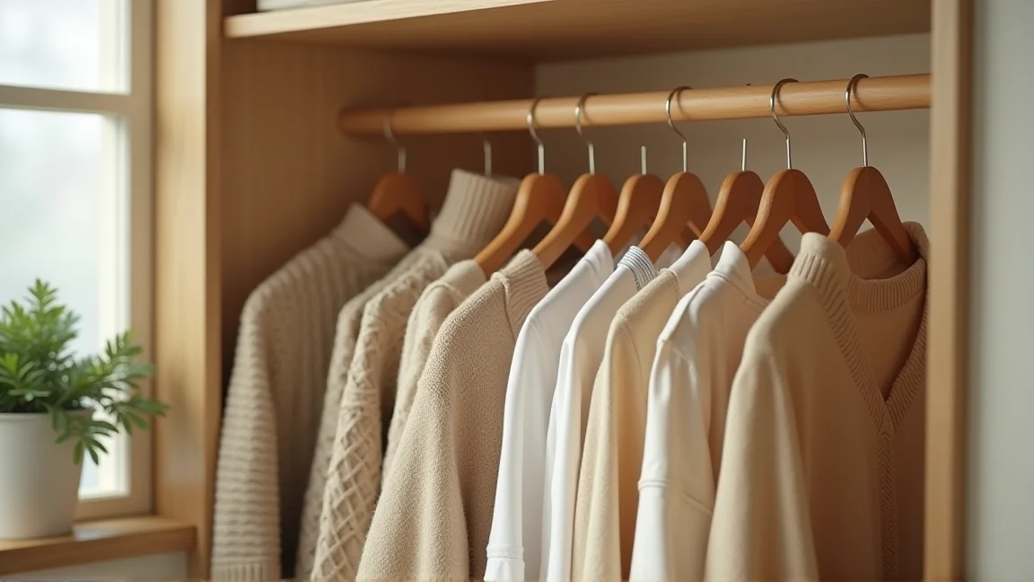 間隔をあけて秋服がかかったクローゼットのハンガー