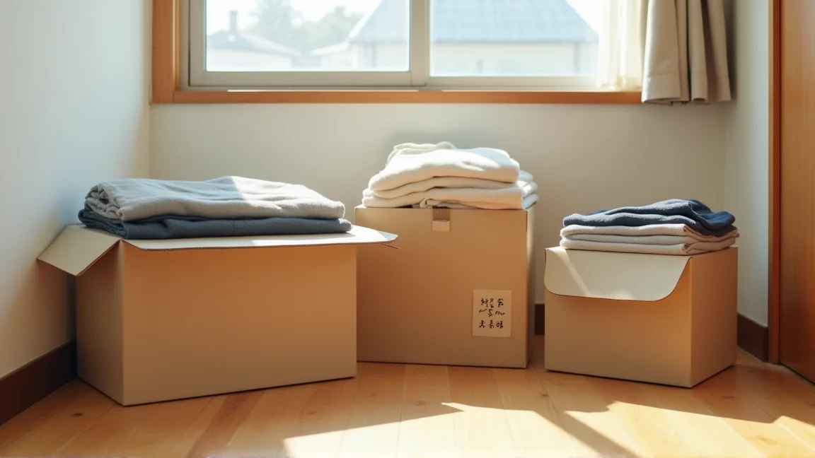 床に並べた3つの仕分け箱とたたんだ服