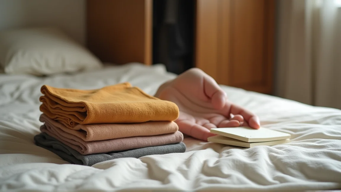 クローゼットの前でメモを見ながら服を仕分ける手元