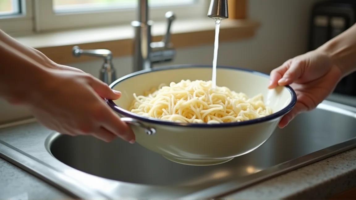 ボウルに残ったゆでそうめんをザルにあけて水気を切る手元