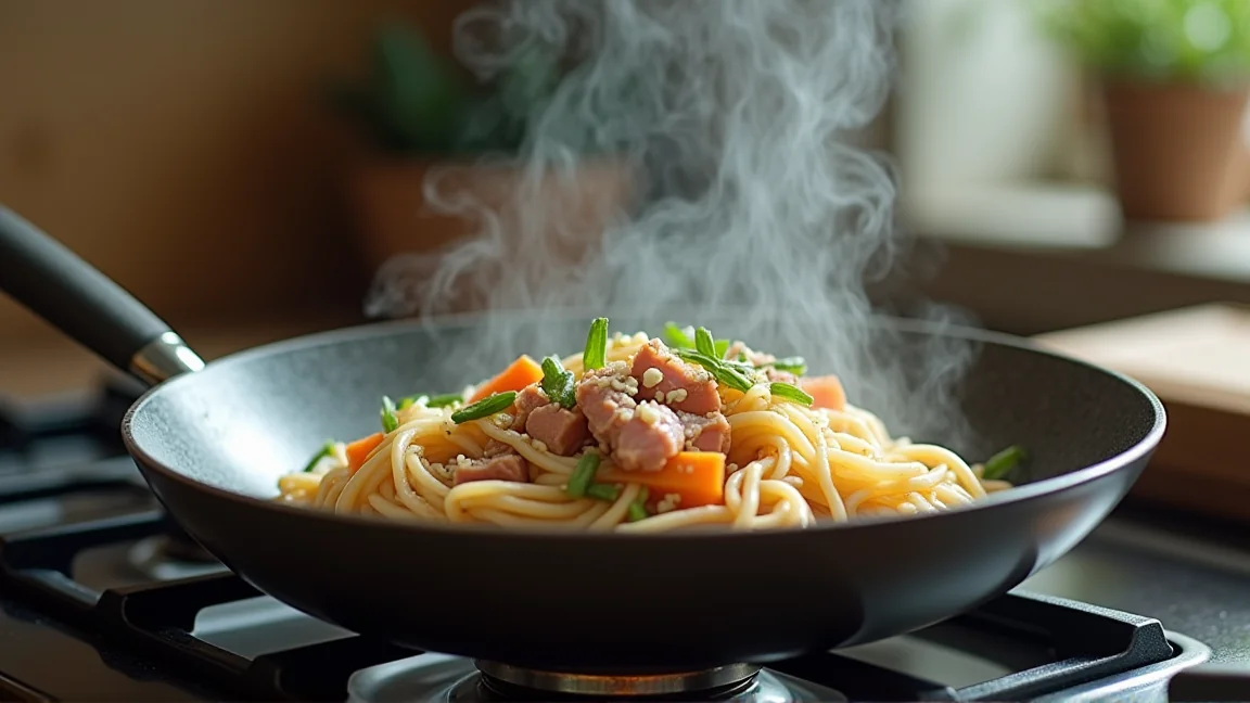フライパンで炒めているそうめんチャンプルー