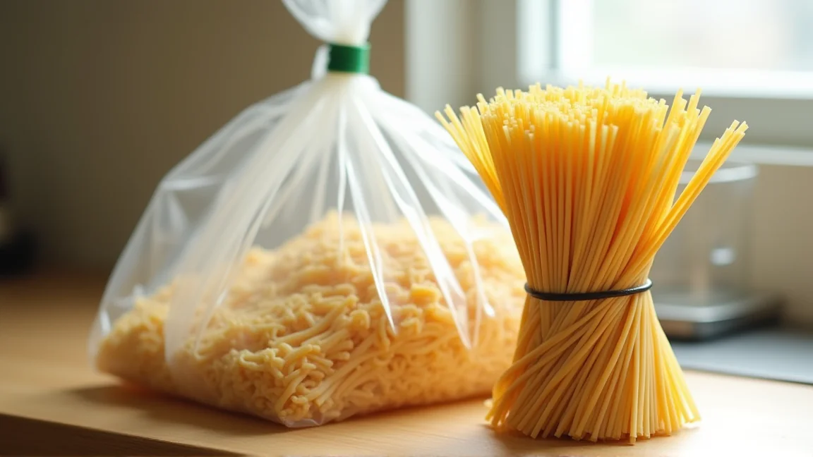 半端に残った乾麺のそうめんの束を保存袋にまとめる場面