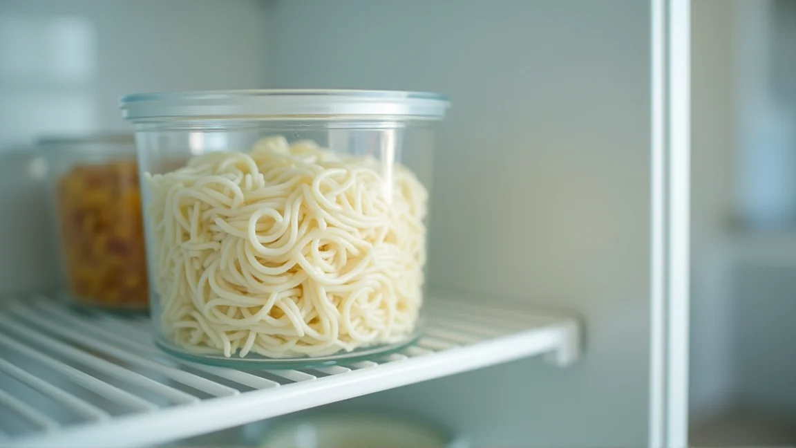 保存容器に平らに入れたゆで麺を冷蔵庫の棚に置く様子