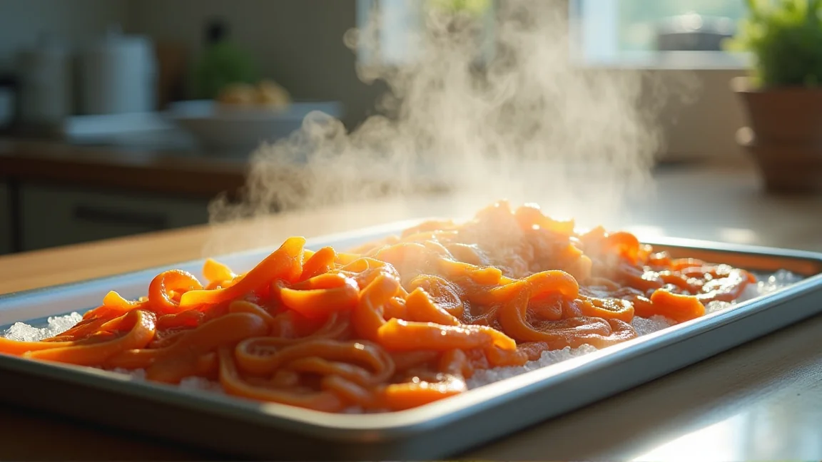 バットに広げた煮物を保冷剤の上で冷ましている台所