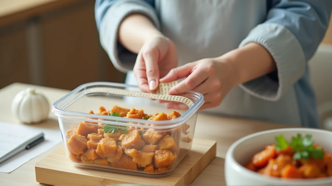 冷ました常備菜を保存容器に詰めて日付テープを貼る手元
