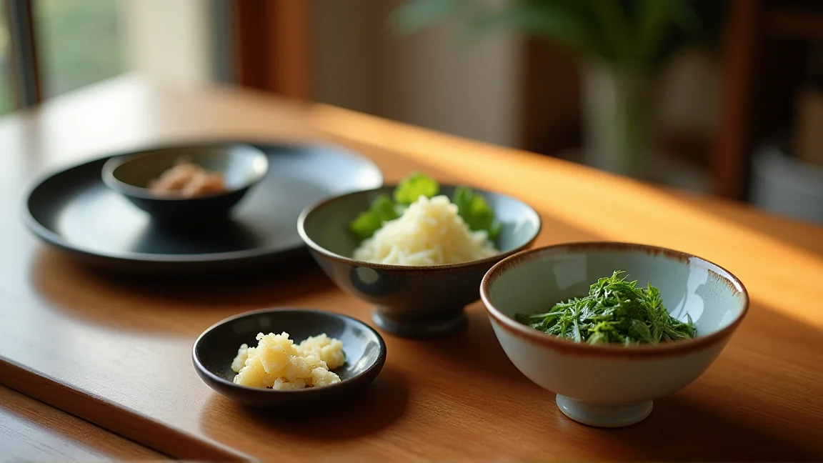 小鉢に少量ずつ盛り分けた冷たいおかずと薬味