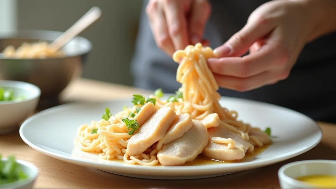電子レンジで蒸した鶏むね肉をほぐしてレモンだれをかける手元