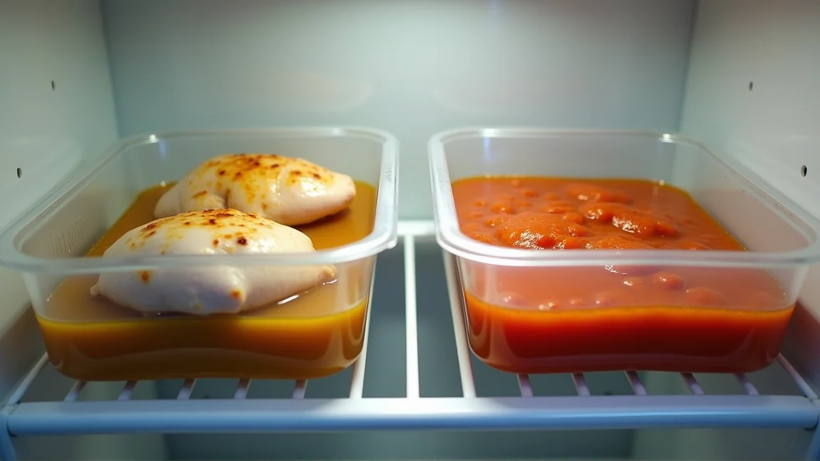 保存容器に入れて冷蔵庫にしまう蒸し鶏と作りおきのマリネ
