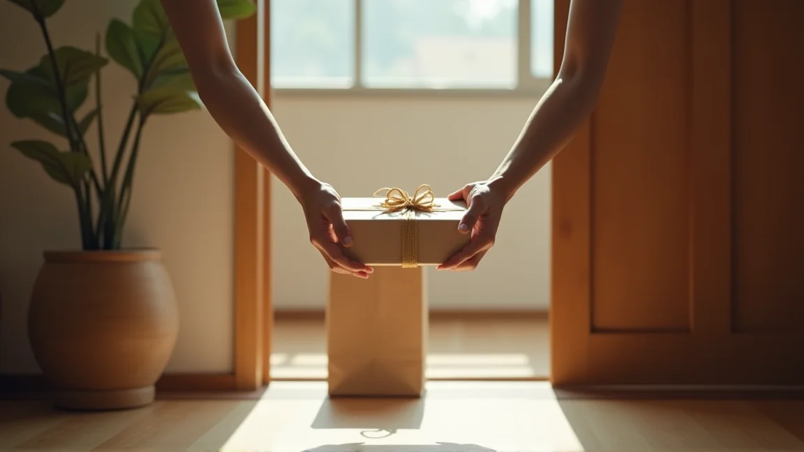 玄関で紙袋から出した菓子折りを手渡す様子