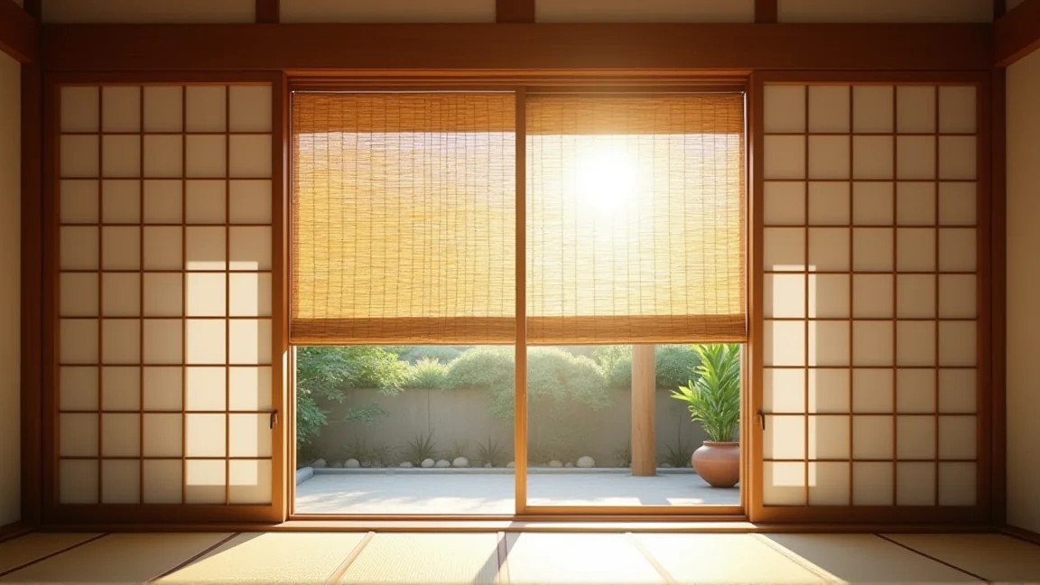 西日をすだれで遮った夏の窓辺