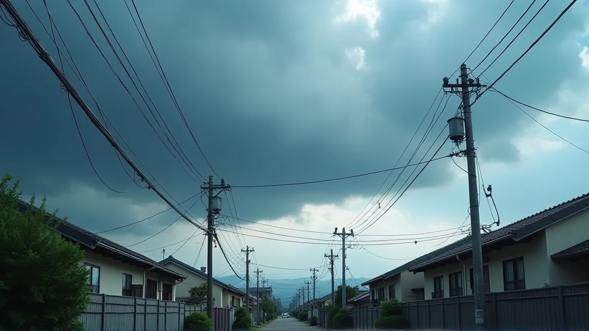 台風接近前の暗い雲がかかる住宅街の空
