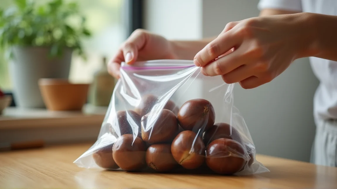 皮ごとの栗を冷凍用保存袋に入れる手元