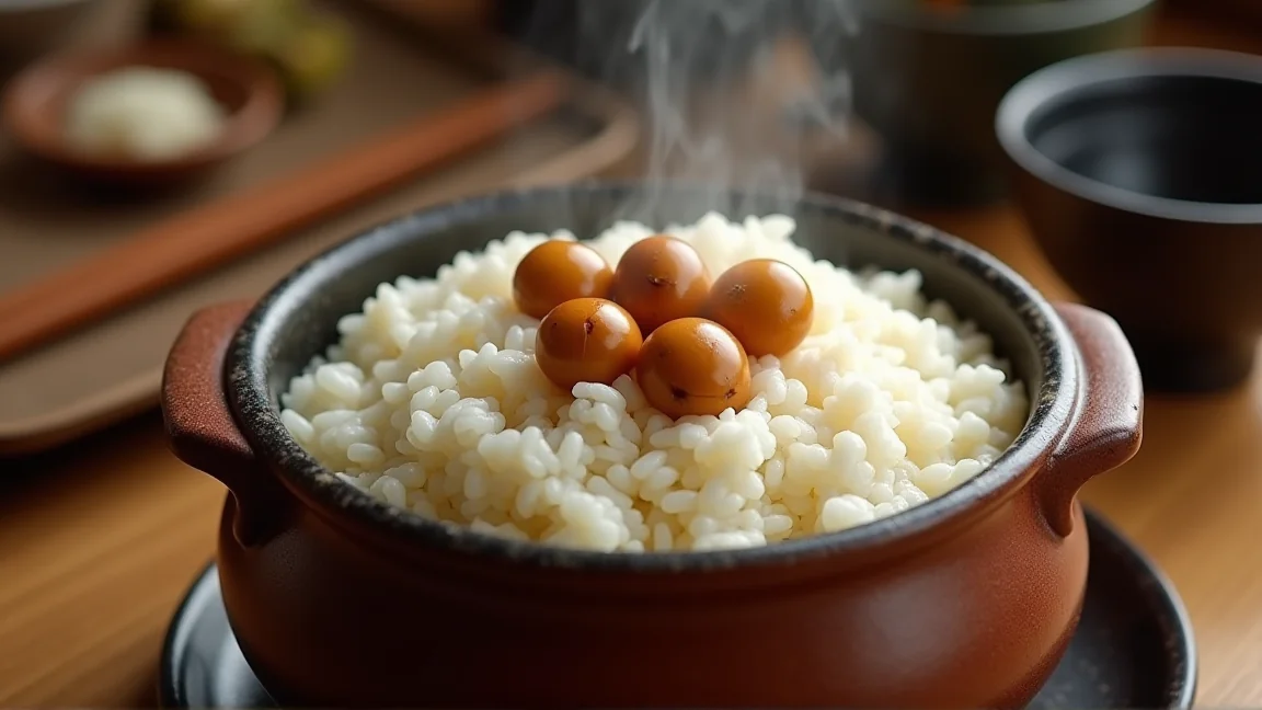 栗ご飯が炊き上がった土鍋と茶碗