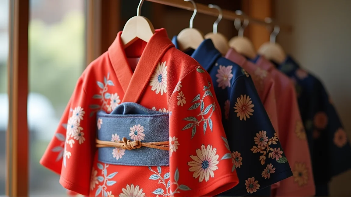 貸衣装店のラックに掛かった色鮮やかな七五三の着物