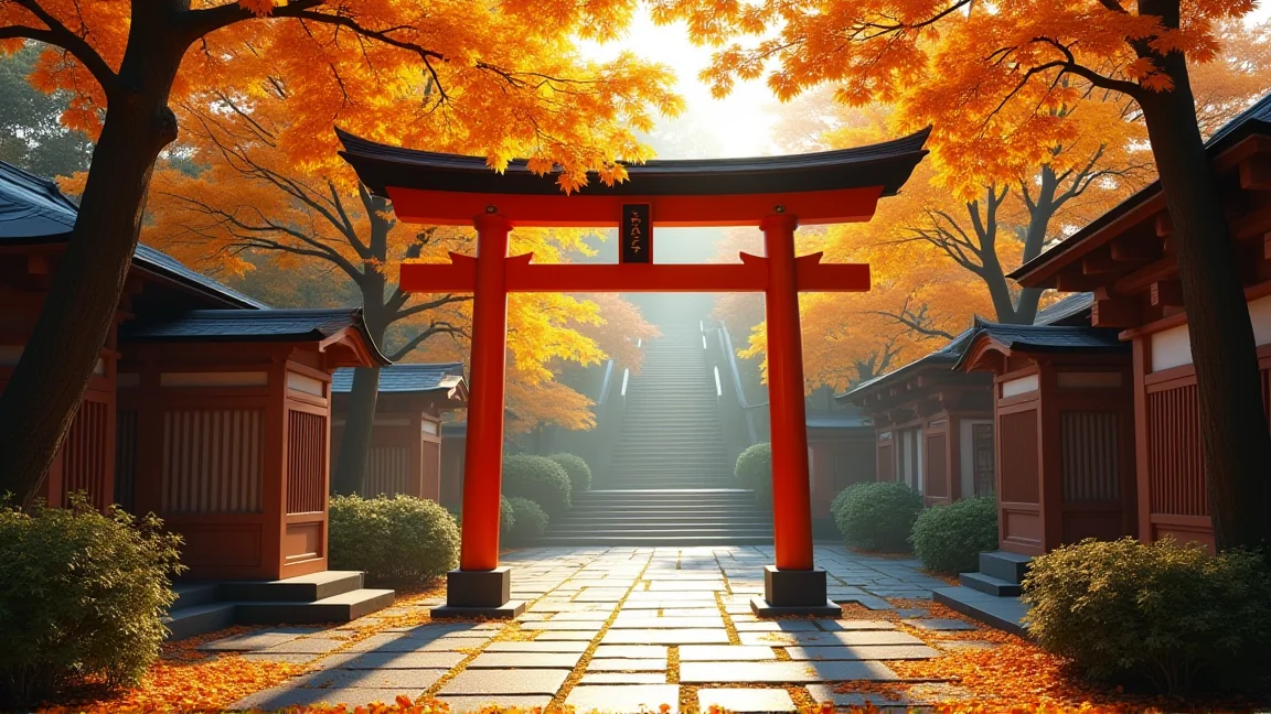 紅葉した銀杏と神社の参道