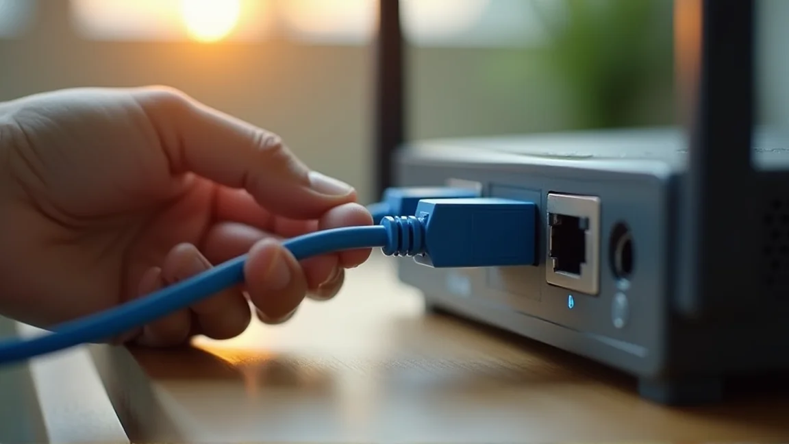 LANケーブルをルーターに挿している手元