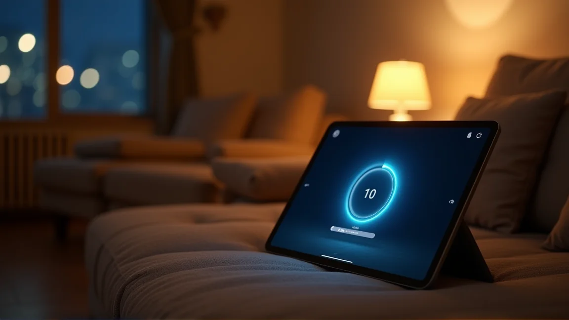 ソファで動画を見ながら読み込み待ちになっているタブレット
