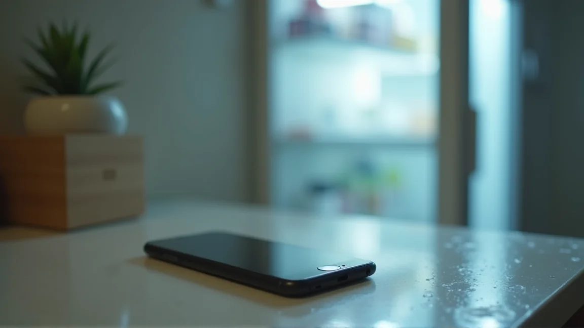 冷蔵庫の扉の前に置かれた熱を持ったスマートフォン