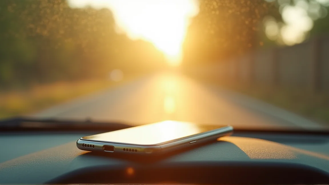 真夏の車のダッシュボードに置かれたスマートフォンと強い日差し