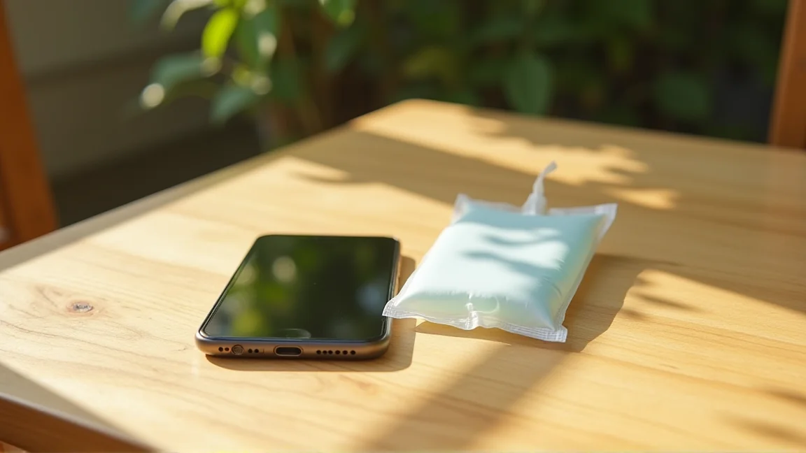 日陰のテーブルに置かれたスマートフォンと保冷剤を離して並べた様子