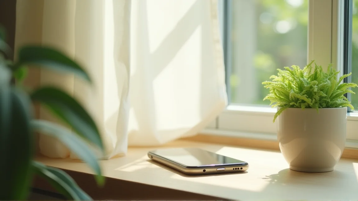 窓際の日陰に置かれたスマートフォンと観葉植物のある涼しげな室内