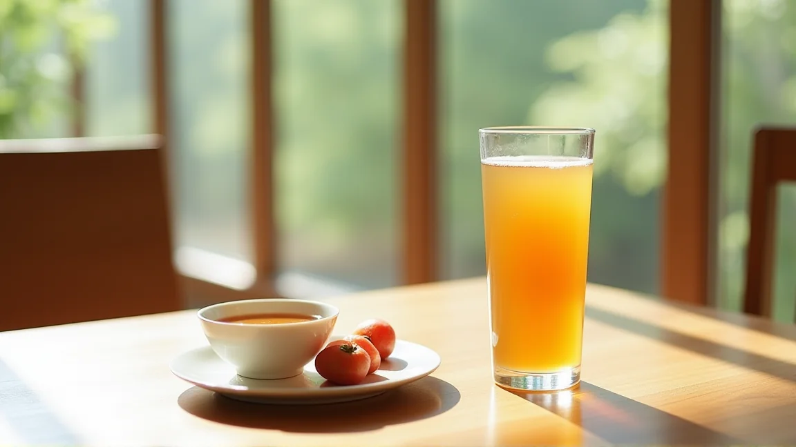 夏の台所で麦茶と梅干し、味噌汁の器が並ぶ食卓