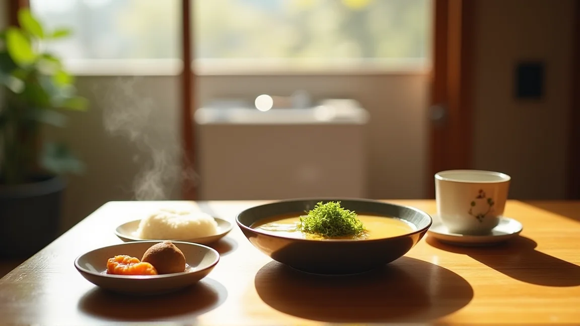 朝の食卓に並ぶ味噌汁と納豆、ごはんの簡単な和朝食