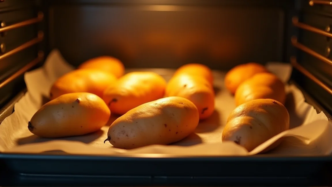 クッキングシートを敷いた天板にさつまいもを並べたところ