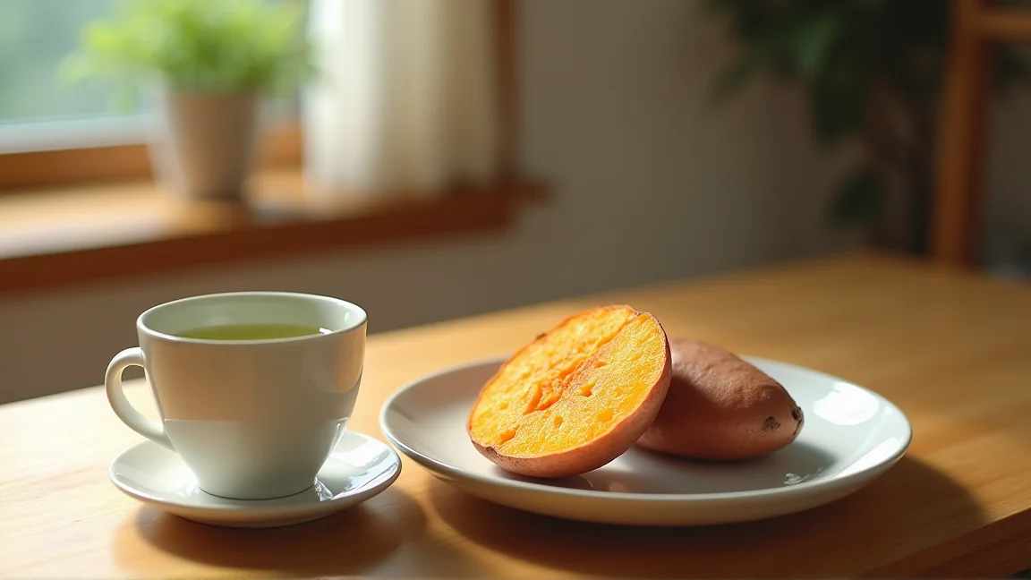 皿に盛った焼き芋と湯気の立つお茶のある食卓