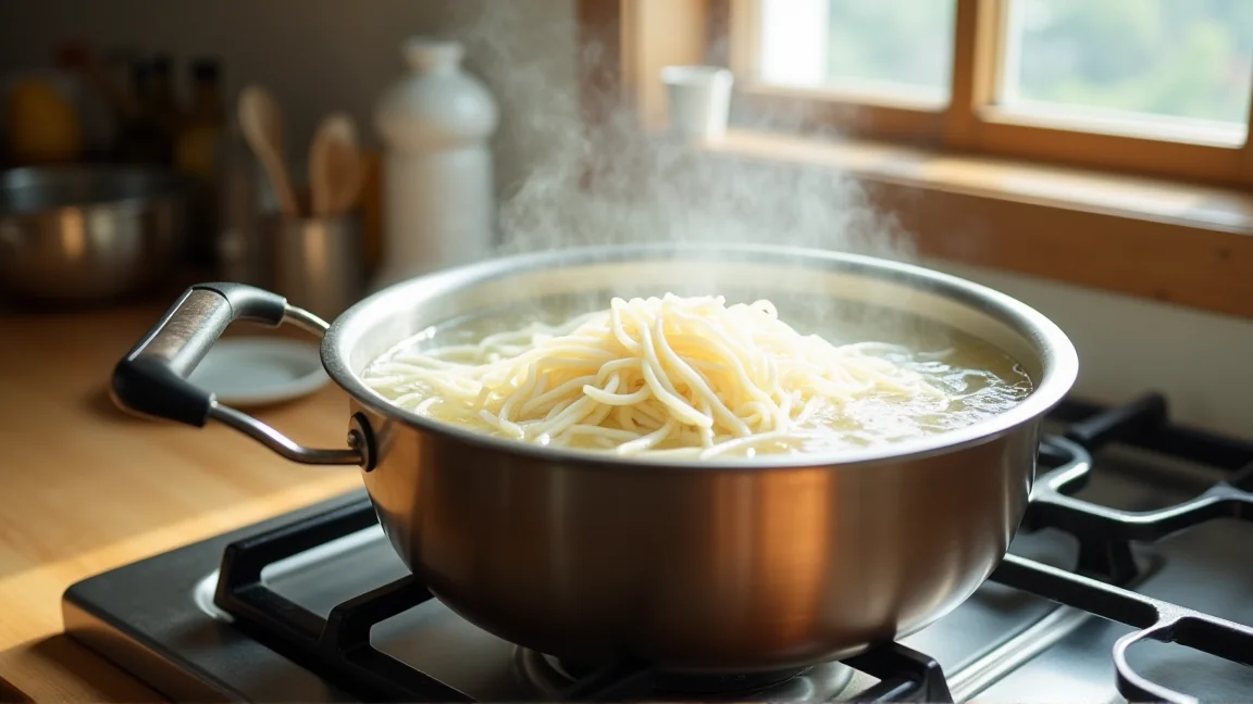 大きめの鍋でたっぷりの湯を沸かしそうめんを広げて入れる様子