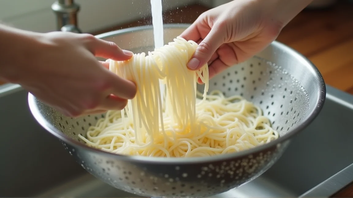 ざるに上げたそうめんを流水で揉み洗いしている手元