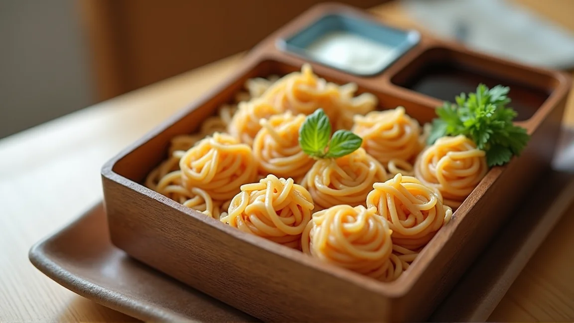 お弁当箱に一口大に巻いたそうめんを並べた様子