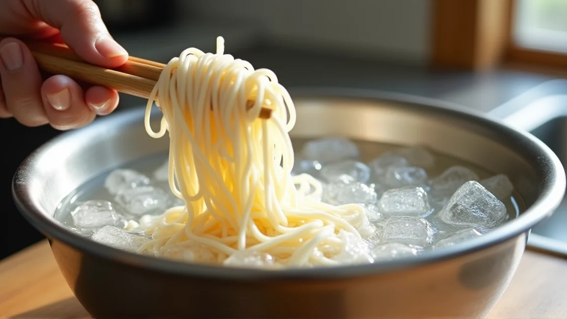 氷水を張ったボウルでそうめんをしめている様子