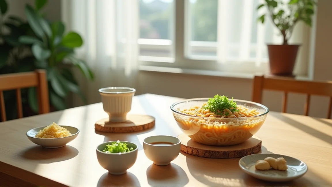 夏の食卓に並んだ冷たいそうめんと薬味