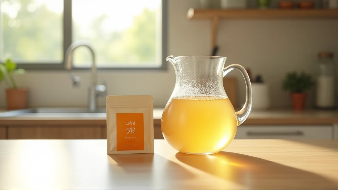 ガラスポットに入った麦茶と麦茶パック