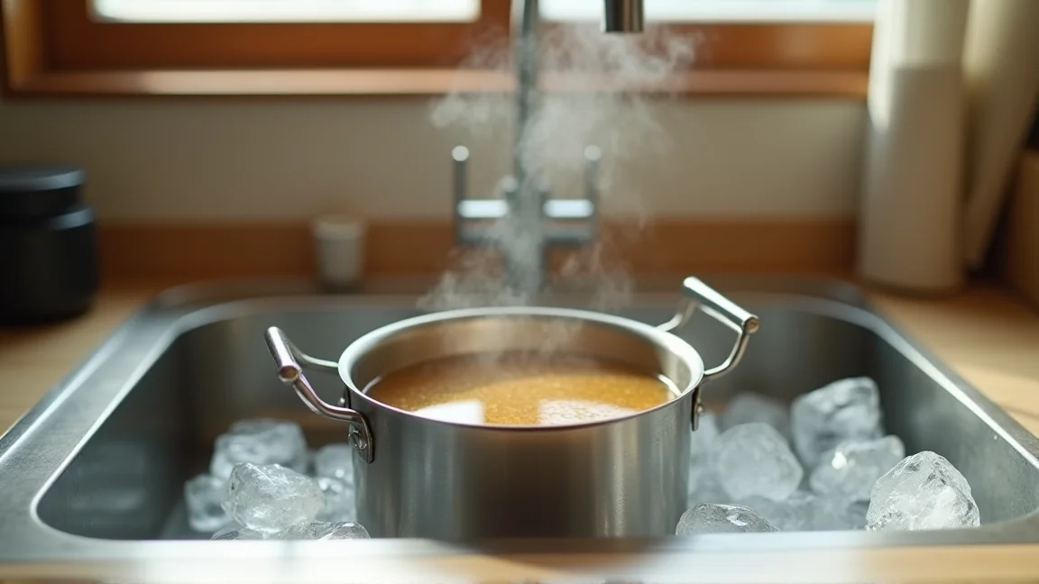 鍋で煮出した麦茶を氷水にあてて冷ましている様子