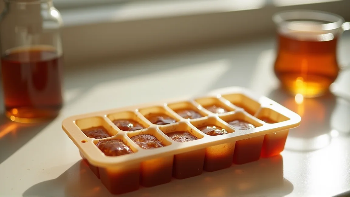 製氷皿で作った麦茶の氷をグラスに入れる様子