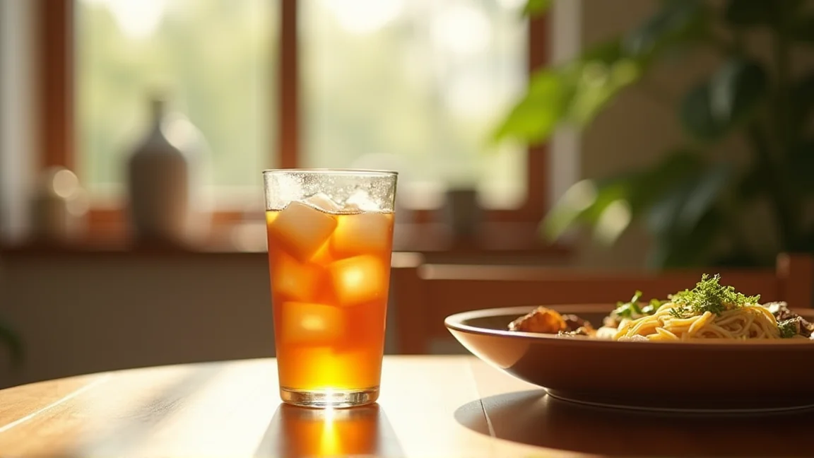 コップに注がれた冷たい麦茶と夏の食卓