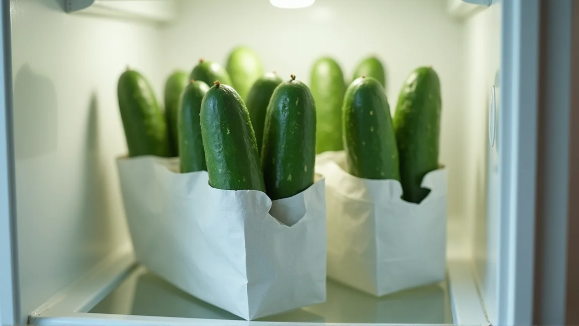 キッチンペーパーで包んだきゅうりを牛乳パックに立てて野菜室に入れる様子