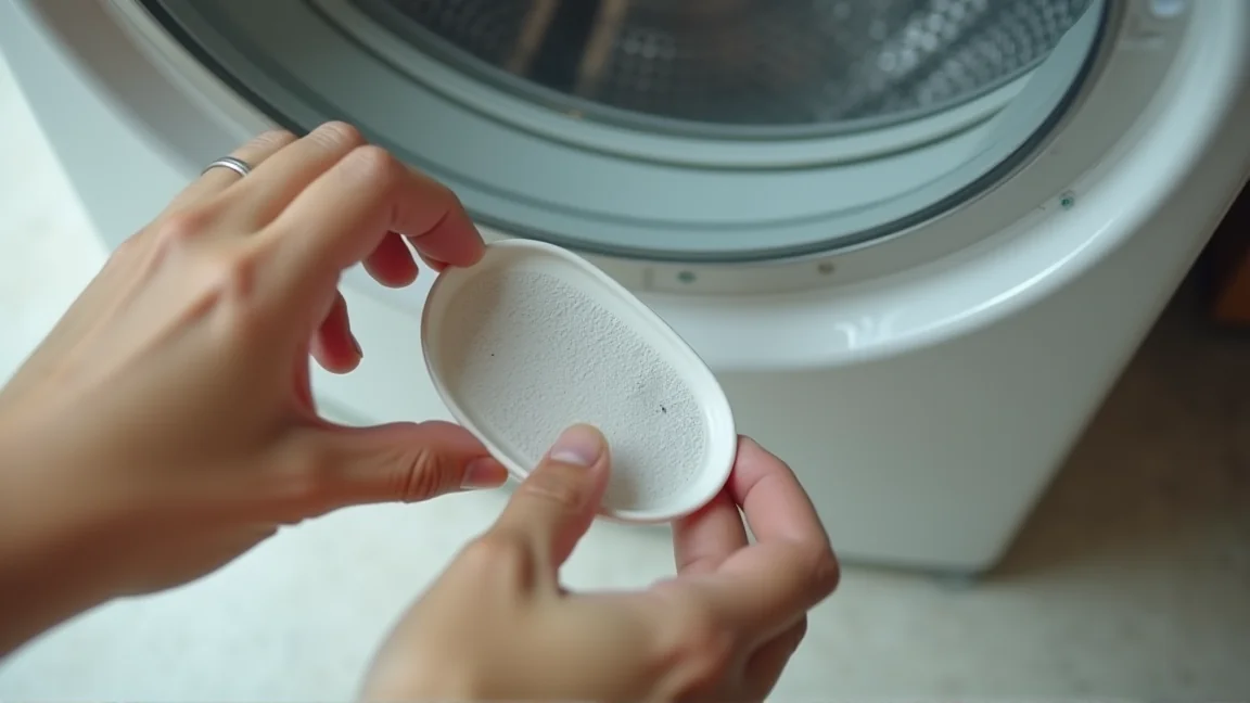ドラム式洗濯機の排水フィルターを開けて水を受ける手元