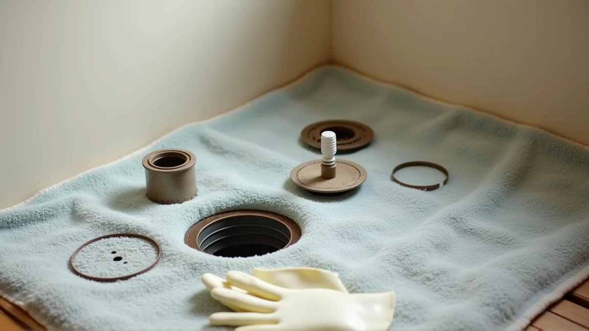 排水トラップの部品を外して床のタオルに並べた様子