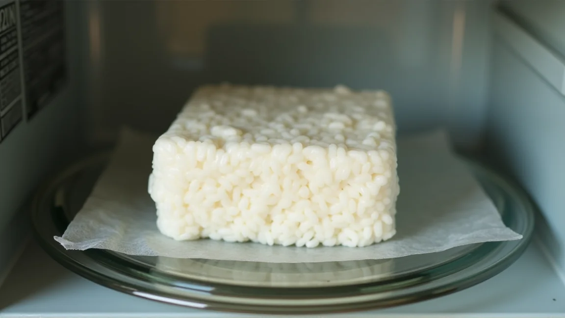 ラップに包んだままの冷凍ご飯を電子レンジに入れる様子
