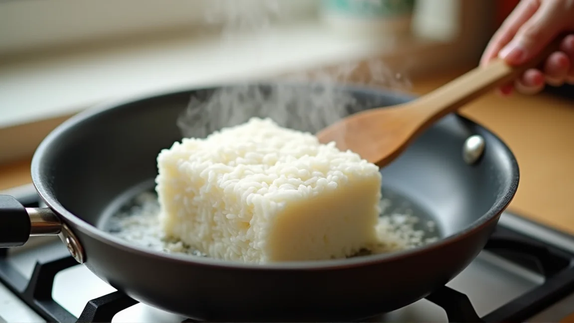 フライパンで冷凍ご飯を蒸し焼きにしている様子