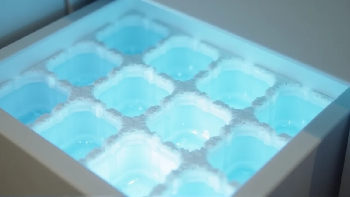 発泡スチロールの箱に入れた製氷皿を冷凍庫に入れる様子