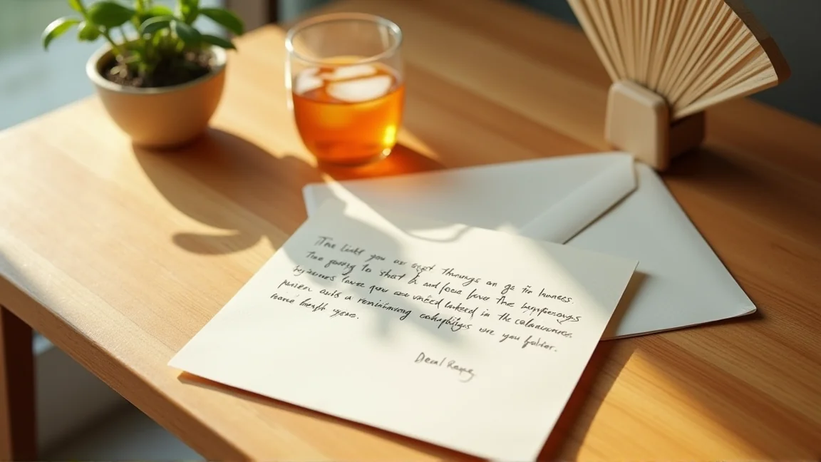 麦茶と書き終えた手紙が置かれた夏の卓上