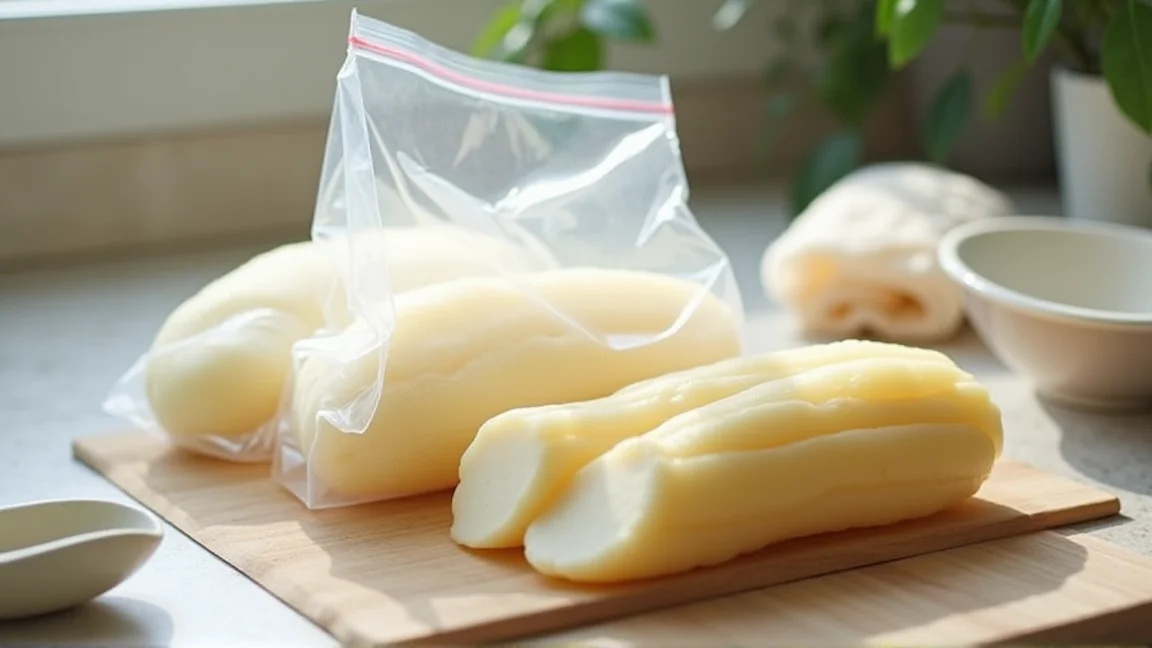 下ゆでした里芋を小分けにして冷凍用保存袋に詰めたところ