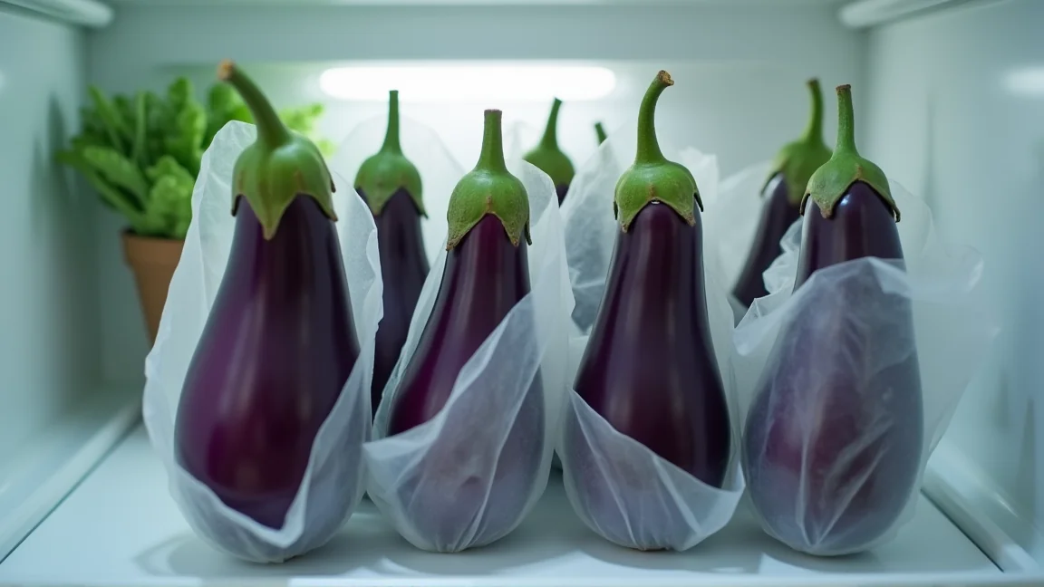 キッチンペーパーで1本ずつ包んだなすをポリ袋に入れて野菜室に立てる様子