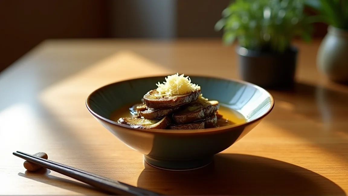 冷凍したなすで作った煮浸しを器に盛った食卓